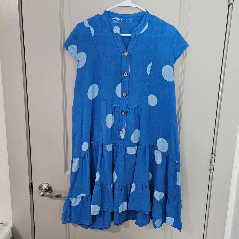 Meo Meli Italy Blue Polka Dot 100% Linen Tiered Ruffle Mini Dress One Size